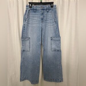 AE Dreamy Drape Super High Rise Baggy Wide Leg Light Blue Cargo Jeans- 4 Short